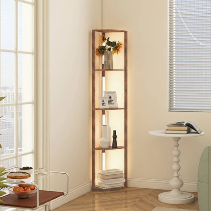 LED Floor Lamp With Shelves, Rustic Brown, Foot Switch, Dimmable