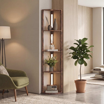 LED Floor Lamp With Shelves, Rustic Brown, Foot Switch, Dimmable