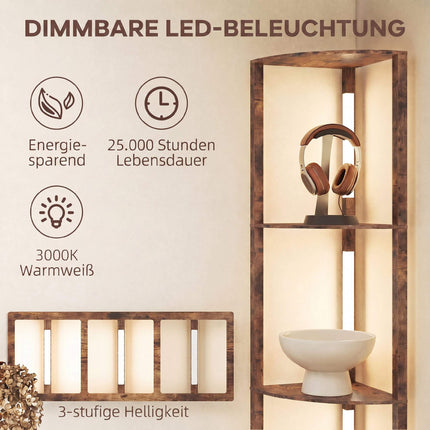 LED Floor Lamp With Shelves, Rustic Brown, Foot Switch, Dimmable