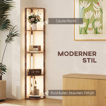 LED Floor Lamp With Shelves, Rustic Brown, Foot Switch, Dimmable