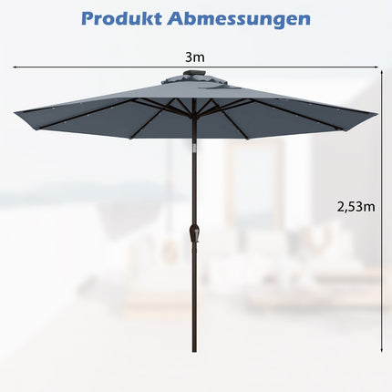 LED Lighting Cantilever Umbrella Round Parasol Solar Powered Garden Umbrella Crank Gray