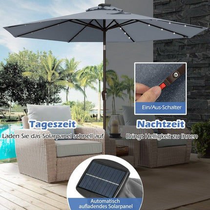 LED Lighting Cantilever Umbrella Round Parasol Solar Powered Garden Umbrella Crank Gray