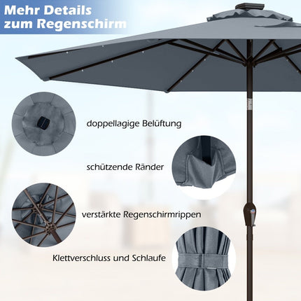 LED Lighting Cantilever Umbrella Round Parasol Solar Powered Garden Umbrella Crank Gray