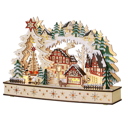 LED-Lit Wooden Christmas Village – 20 Lights, 45x12x30 cm