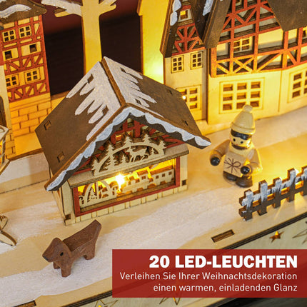 LED-Lit Wooden Christmas Village – 20 Lights, 45x12x30 cm