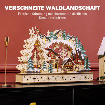 LED-Lit Wooden Christmas Village – 20 Lights, 45x12x30 cm