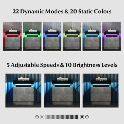 LED Nightstand, Faux Marble, 2 Drawers, Remote