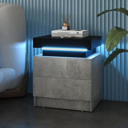 LED Nightstand, Faux Marble, 2 Drawers, Remote