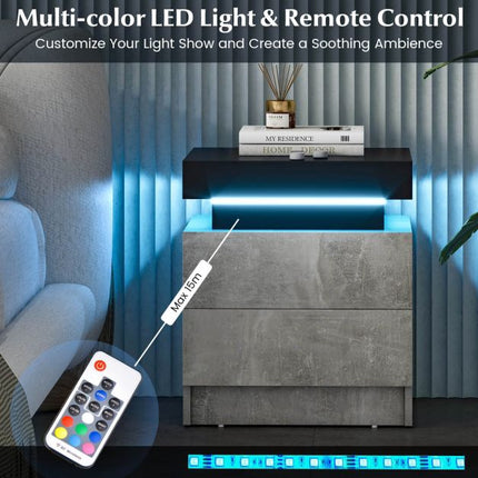 LED Nightstand, Faux Marble, 2 Drawers, Remote