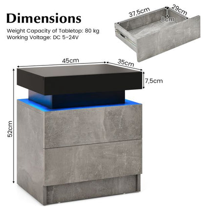 LED Nightstand, Faux Marble, 2 Drawers, Remote