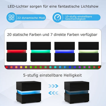 LED Nightstand Set, 2 Drawers, Black, Remote Control