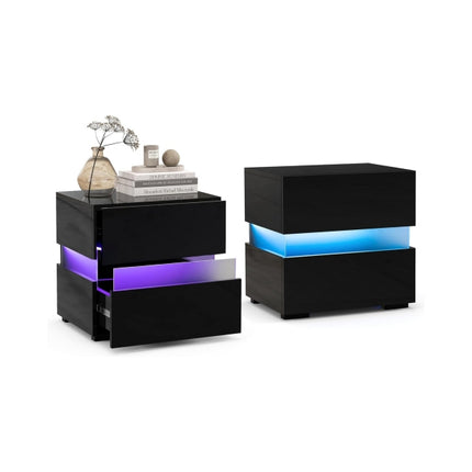 LED Nightstand Set, 2 Drawers, Black, Remote Control