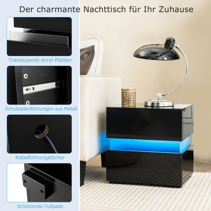 LED Nightstand Set, 2 Drawers, Black, Remote Control