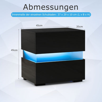 LED Nightstand Set, 2 Drawers, Black, Remote Control