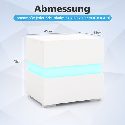 LED Nightstand Set with 2 Drawers, White, Remote-Controlled