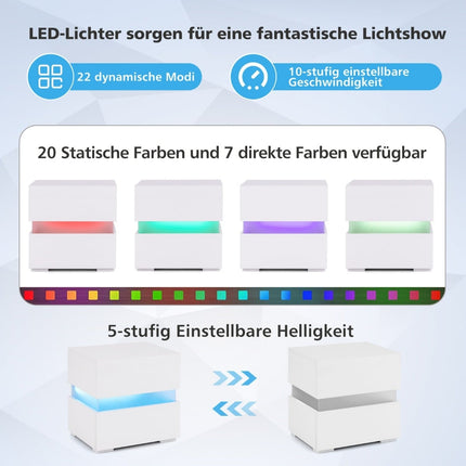 LED Nightstand Set with 2 Drawers, White, Remote-Controlled