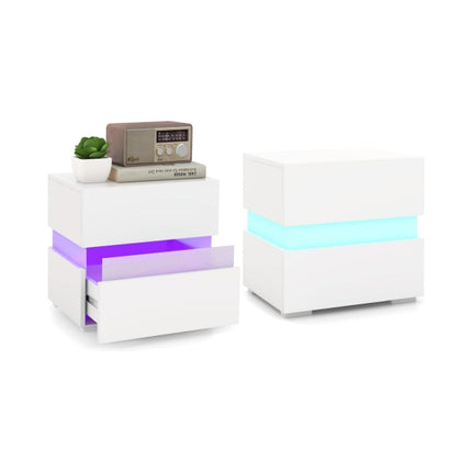 LED Nightstand Set with 2 Drawers, White, Remote-Controlled
