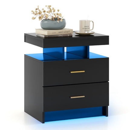 LED Nightstand with 2 Drawers, High Gloss, Black, 50x40x58 cm