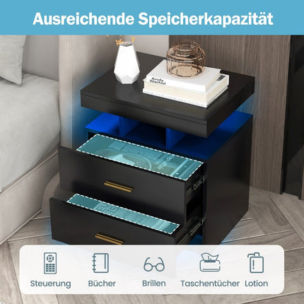 LED Nightstand with 2 Drawers, High Gloss, Black, 50x40x58 cm
