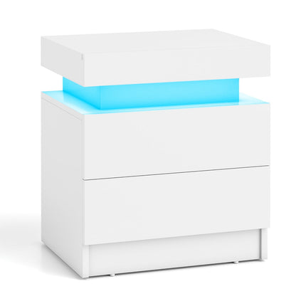 LED Nightstand with 2 Drawers, White MDF, Modern Design