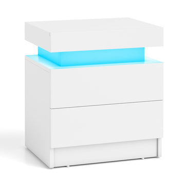 LED Nightstand with 2 Drawers, White MDF, Modern Design