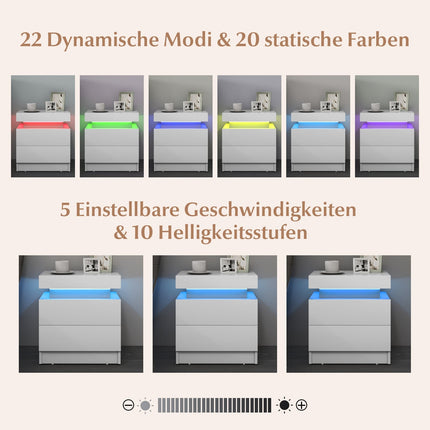 LED Nightstand with 2 Drawers, White MDF, Modern Design