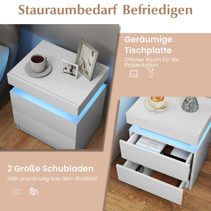 LED Nightstand with 2 Drawers, White MDF, Modern Design