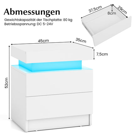 LED Nightstand with 2 Drawers, White MDF, Modern Design