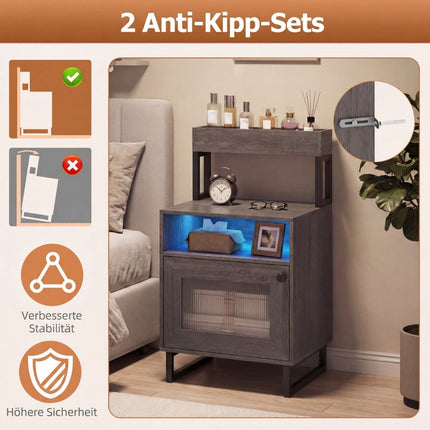 LED Nightstand with Adjustable Lighting, Storage, Grey