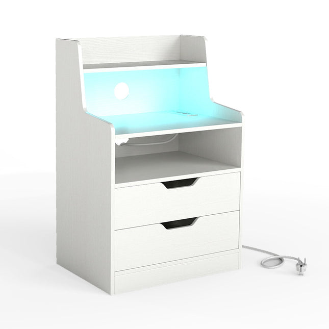 LED-nachtkastje met oplaadstation, 2 lades, wit