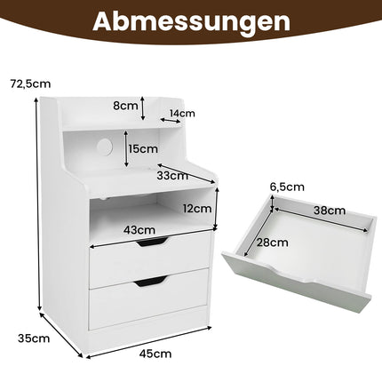 LED Nightstand with Charging Station, 2 Drawers, White