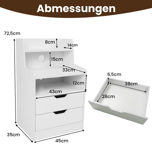 LED-nachtkastje met oplaadstation, 2 lades, wit
