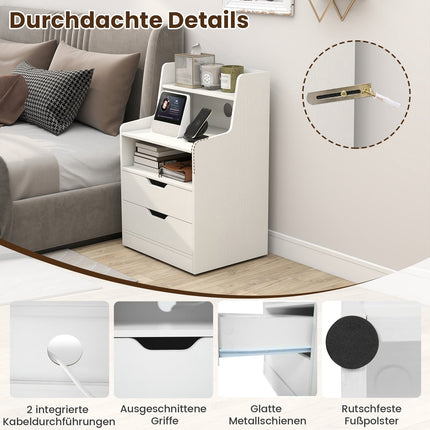 LED Nightstand with Charging Station, 2 Drawers, White
