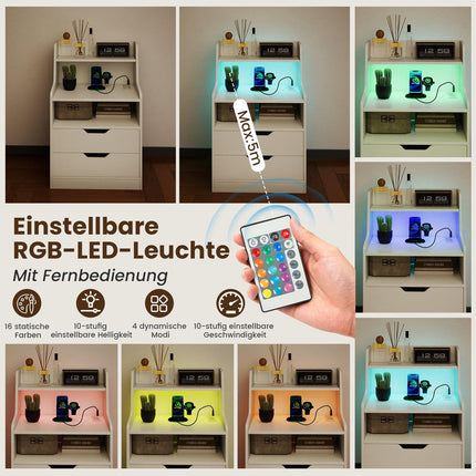 LED Nightstand with Charging Station, 2 Drawers, White