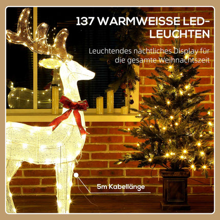 LED Reindeer with Red Bow, 137 Lights, Weatherproof, 66x25x135 cm