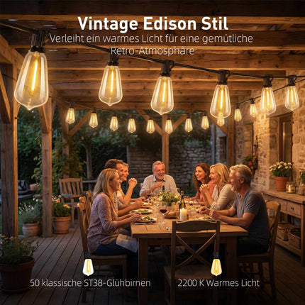 LED String Lights, 18m, 50 Vintage Edison Bulbs, Warm White