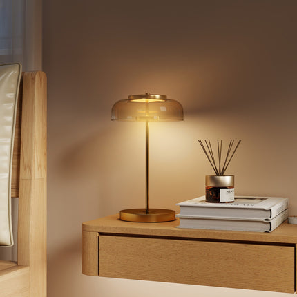 LED Table Lamp, Warm Light, Metal Base, Amber Glass Shade