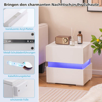 LED bedside table with 2 drawers & remote control & dynamic 45 x 35 x 45 cm white