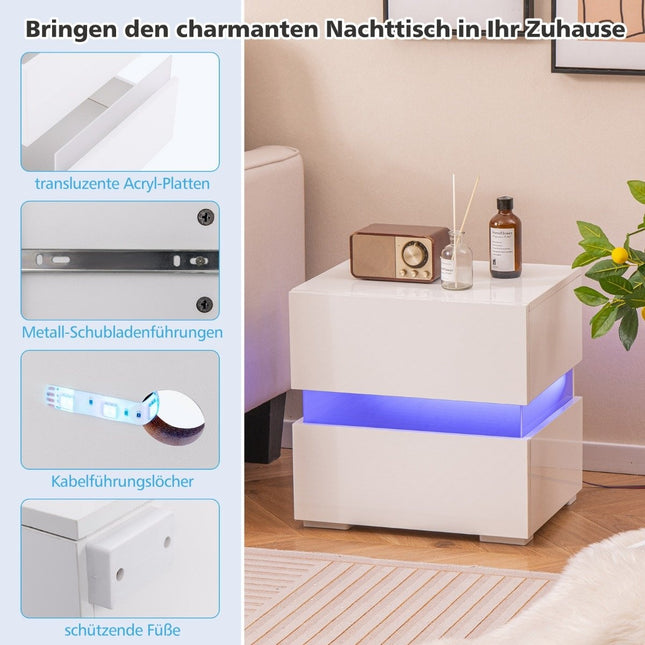 LED bedside table with 2 drawers & remote control & dynamic 45 x 35 x 45 cm white