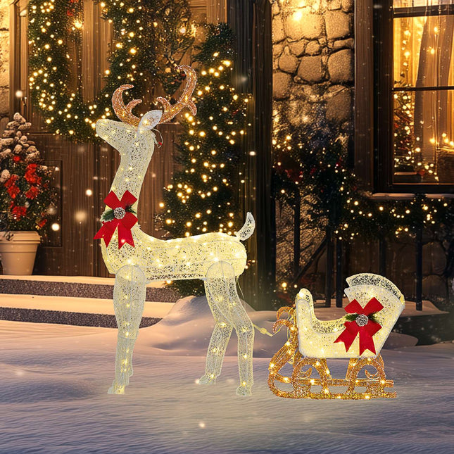 LED reindeer and sleigh decoration, 170 white lights