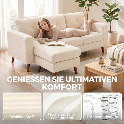 L-Shape Sofa with Reversible Chaise, Cord Fabric, Cream White