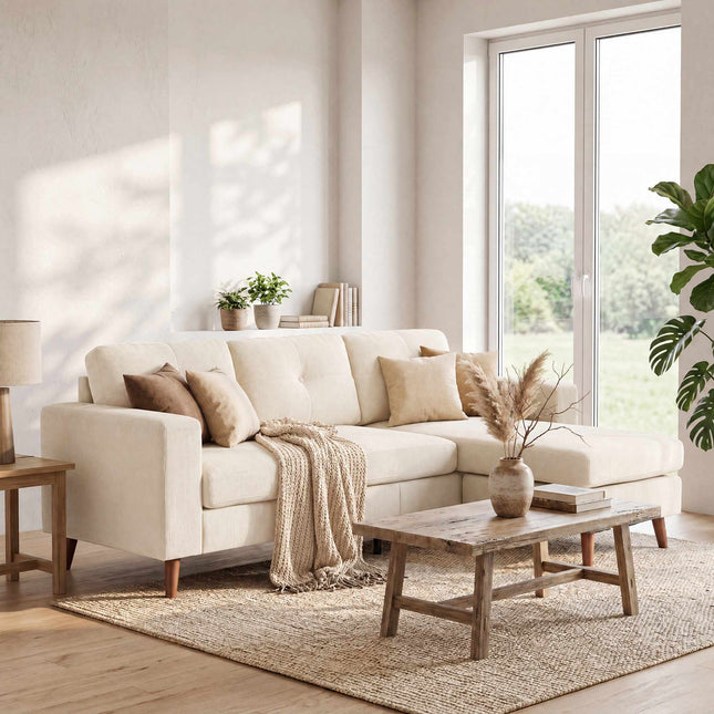 L-vormige bank met omkeerbare chaise longue, corduroy stof, crèmewit