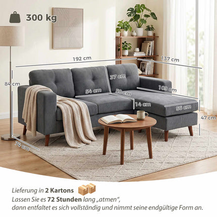 L-Shaped 3-Seater Sofa with Reversible Chaise, Dark Grey