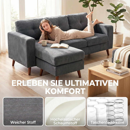 L-Shaped 3-Seater Sofa with Reversible Chaise, Dark Grey