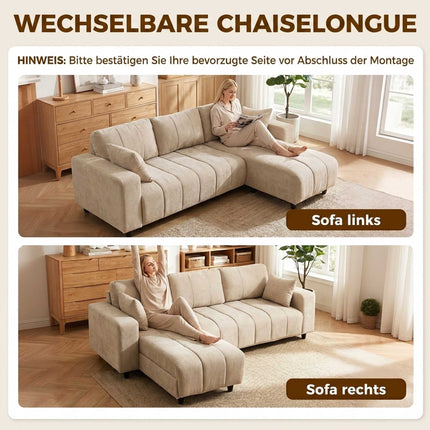 L-Shaped Beige Sofa with Reversible Chaise, 4-Seater