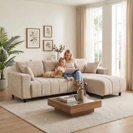 L-Shaped Beige Sofa with Reversible Chaise, 4-Seater