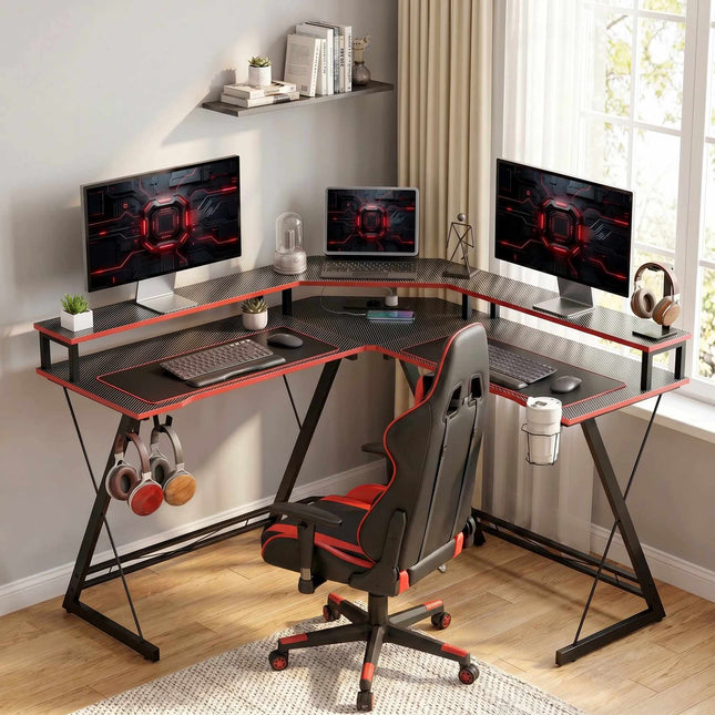 L-Shaped Computer Desk 128 cm with AC/USB Outlets and Monitor Stand