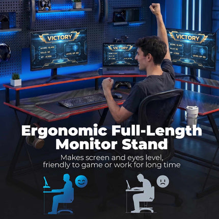 L-Shaped Computer Desk 128 cm with AC/USB Outlets and Monitor Stand