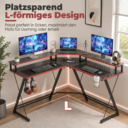 L-Shaped Computer Desk 128 cm with AC/USB Outlets and Monitor Stand