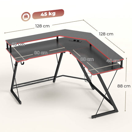 L-Shaped Computer Desk 128 cm with AC/USB Outlets and Monitor Stand
